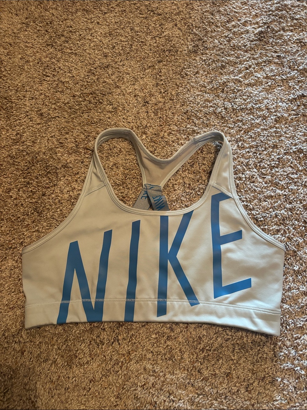 Nike Light Blue Sports Bra with Blue NIKE Print
